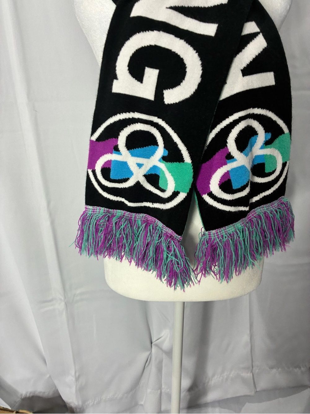 Unbranded Black White Graphic Knit Scarf Colorful Fringe Unisex Winter - Picture 3 of 7